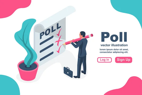 Concept du sondage. Mini personne avec de grands votes au crayon sur papier — Image vectorielle