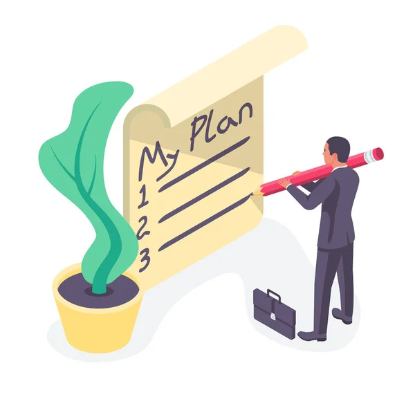 Human in a notebook writes a plan isometric style — Stock Vector