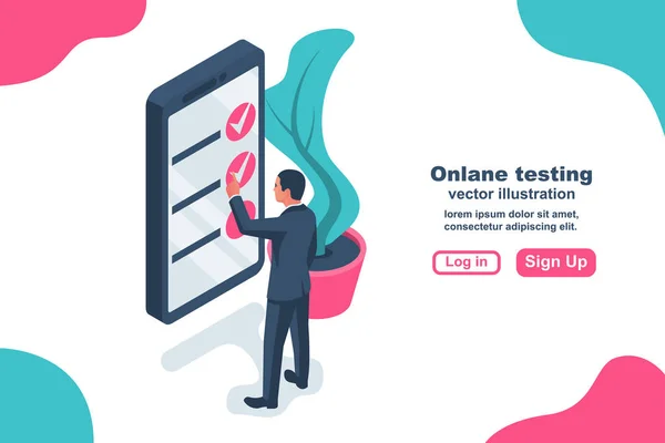 Online test. De man op de smartphone test — Stockvector