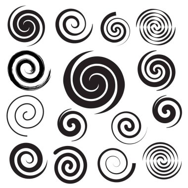 Spiral koleksiyonu. Basit spiraller seti. Tasarım için siyah elemanlar kümesi