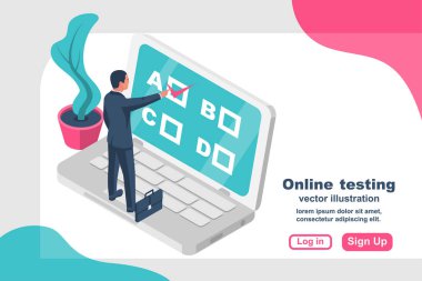 Online test. Minyatür işadamı büyük dizüstü duruyor.