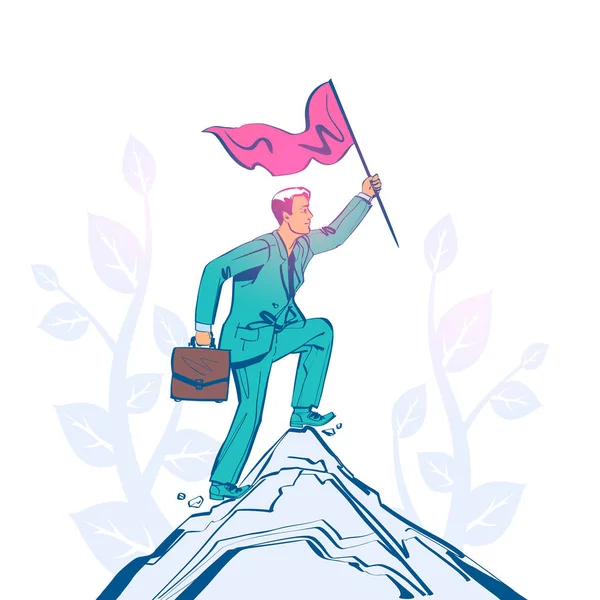 El hombre de negocios sostiene la bandera roja en la cima de la montaña. Logro del objetivo . — Archivo Imágenes Vectoriales