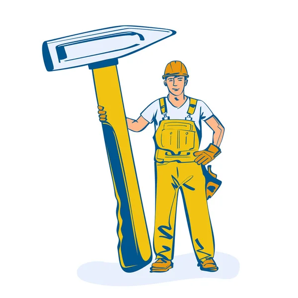 Reparateur Mensch mit Hammer, isoliert auf weißem Hintergrund. — Stockvektor