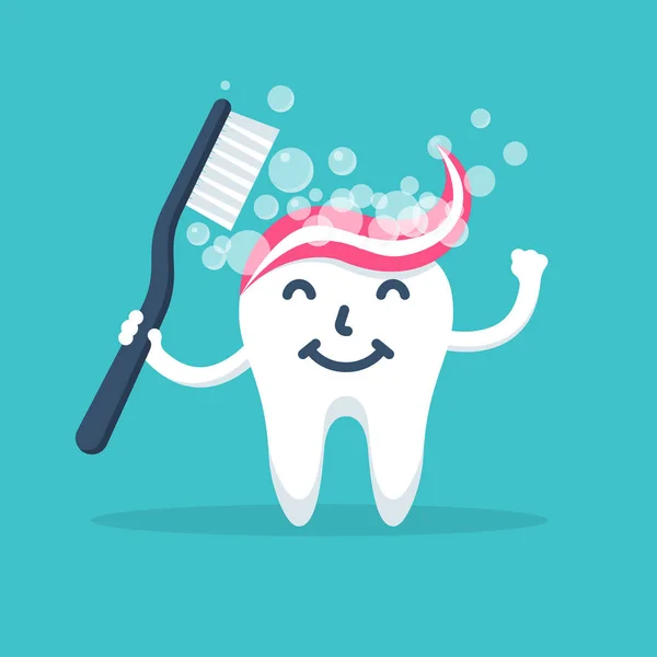 Dente sorridente feliz bonito com escova de dentes e pasta de dentes —  Vetores de Stock