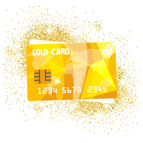Tarjeta de crédito dorada sobre arena dorada. Tarjeta VIP. Ilustración vectorial, estilo de diseño plano . — Vector de stock