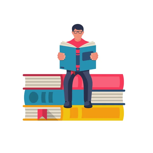 İnsan okuma kitabı. Öğrenci edebiyat okuyan bir kitap yığınının üzerinde oturuyor.. — Stok Vektör