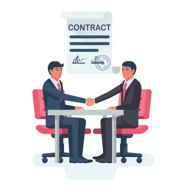 Két üzletember ül az asztalnál kezet a szerződés aláírása után — Stock Vector