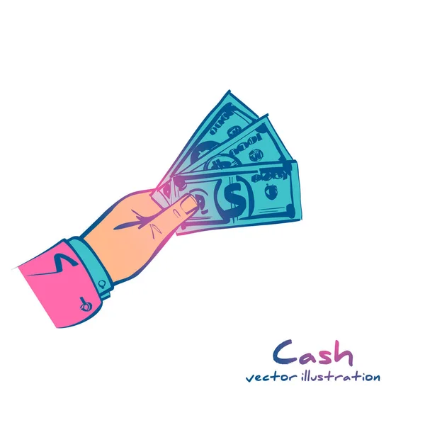 Cash geld in hand zakenman schets ontwerp — Stockvector