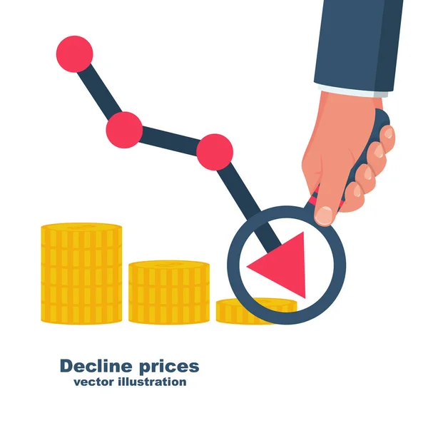 Bajar los precios. Empresario con lupa mira el gráfico de caída — Vector de stock