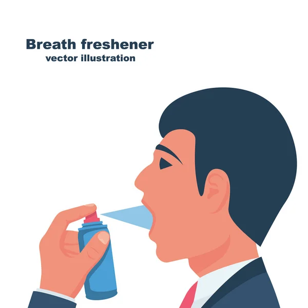 A young man uses breath freshener. Open mouth portrait in profile. — Stock Vector