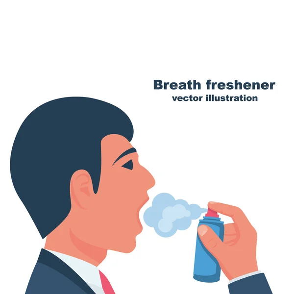 Ο άνθρωπος χρησιμοποιεί αποσμητικό αναπνοής. Άνοιγμα πορτραίτου στόματος στο προφίλ. — Διανυσματικό Αρχείο