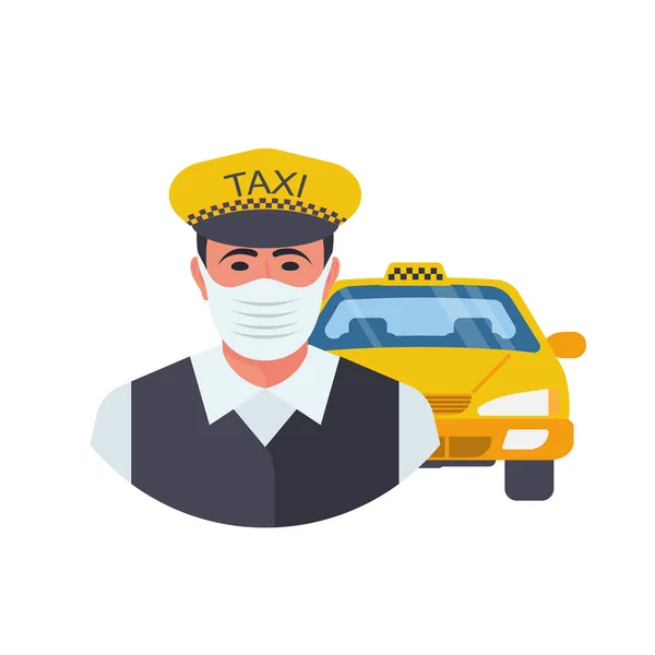 Chauffeur de taxi en masque médical. Illustration vectorielle design plat . — Image vectorielle