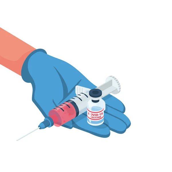 Concepto de coronavirus vacunal. Jeringa con ampolla en la mano médico — Archivo Imágenes Vectoriales