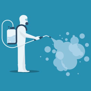 Koruyucu giysi, gaz maskesi ve dezenfeksiyon Coronavirus covid-19 için gaz silindiri. Tehlikeli madde uzmanı. Zehirli ve kimyasal korumalı. Böcek ilacı sıkıyorum. Biyolojik önlem. Vektör düz tasarımı. 