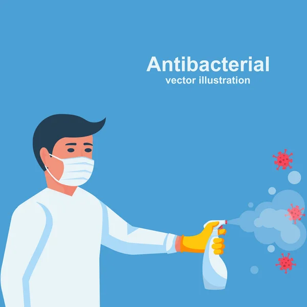 Spray Antibactérien Tue Les Bactéries Homme Tient Une Bouteille Antiseptique — Image vectorielle