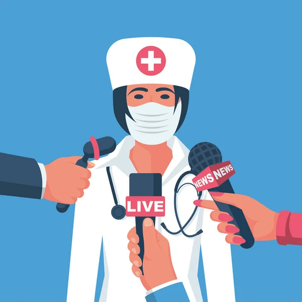 Intervista Stampa Con Medico Conferenza Medica Dottore Maschera Protettiva Rapporto — Vettoriale Stock