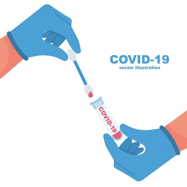 Test de laboratoire COVID-19 en laboratoire hospitalier. Le médecin tient dans les mains un écouvillon nasal — Image vectorielle