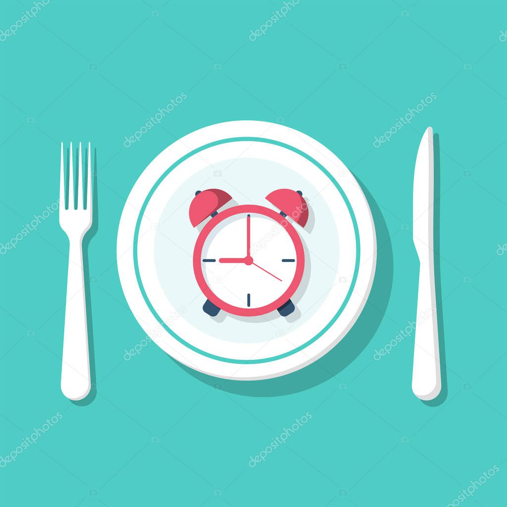 Fasting concept. Food keto diet. Interval nutrition. Intermittent fasting. Empty plate and cutlery on blue background. Alarm clock instead of food. Time management for weight loss. Vector flat design.