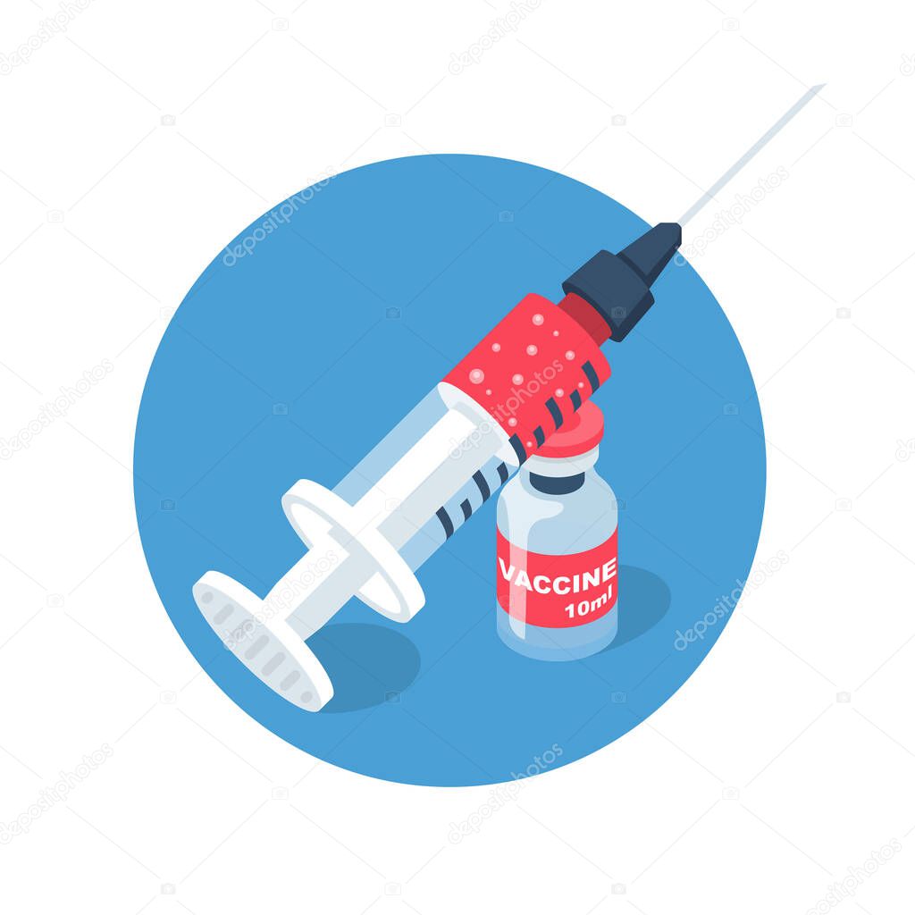 Vaccination concept. Syringe with an ampoule. Medicine in a bottle.