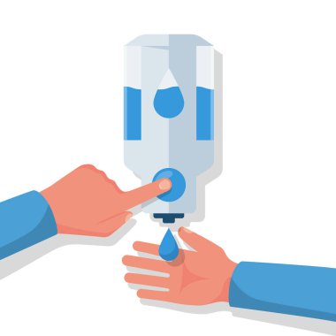 El dezenfektanı duvarı. İnsanlar otomatik alkol antiseptik jel kullanır. Avuç içine bir damla antibakteriyel jel. Koronavirüsü önleme kovid-19. Temizleme şişesi hijyen ürünleri. Temizlik hindistandı. Vektör.