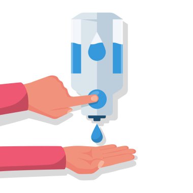 El dezenfektanı duvarı. İnsanlar otomatik alkol antiseptik jel kullanır. Avuç içine bir damla antibakteriyel jel. Koronavirüsü önleme kovid-19. Temizleme şişesi hijyen ürünleri. Temizlik hindistandı. Vektör.