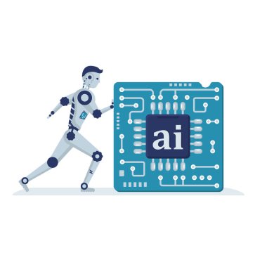 Ai kavramı. Robot ana kartı hareket ettiriyor. Yenilik mikroçipi. Vektör çizimi düz tasarım. Beyaz arka planda izole edilmiş. Geleceğin teknolojileri. Bilgisayar işlemcisi.