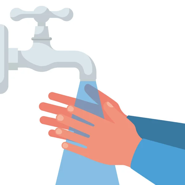 在水龙头下用水洗手 矢量图形平面设计孤立于背景 个人卫生 抗菌洗涤 水龙头 射流及人手 — 图库矢量图片