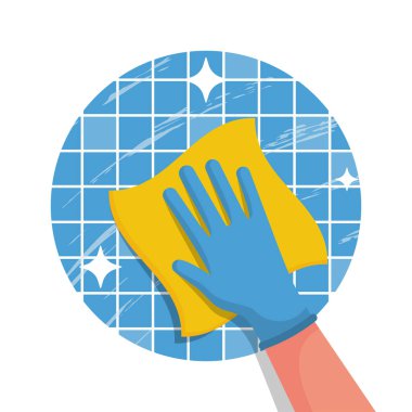 Temizlik servisi düz logo simgesi. Eldiven içinde bir bez parçasıyla. Temizlik ve parlaklık. Hijyen ve dezenfeksiyon. Oda servisi konsepti. Evde çalış. Vektör illüstrasyon düz tasarım.