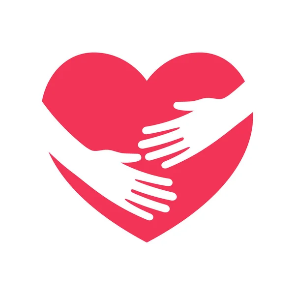 心を抱擁する ハートフラットロゴを受け入れる手 愛と社会的援助の象徴 心臓の赤いシルエット 手絵文字 ベクターイラスト漫画デザイン 白地に隔離された — ストックベクタ