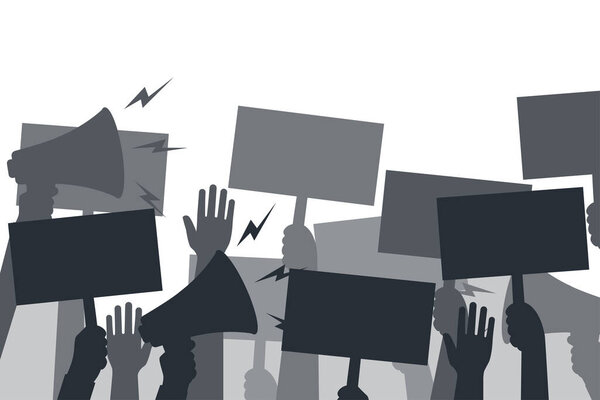 Group of people in protest. Posters and loudspeaker in hands. Fist and hands up. Black silhouettes of people of Protestants. Concept of revolution and conflict. Pictogram crowd of people. Vector flat.