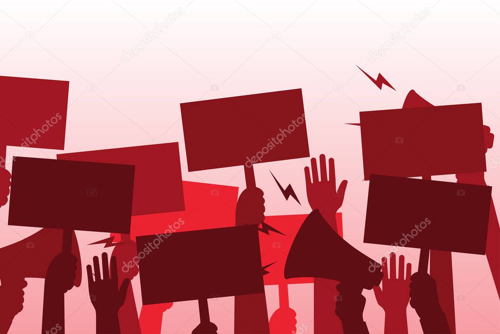 Group of people in protest. Posters and loudspeaker in hands. Fist and hands up. Black silhouettes of people of Protestants. Concept of revolution and conflict. Pictogram crowd of people. Vector flat.