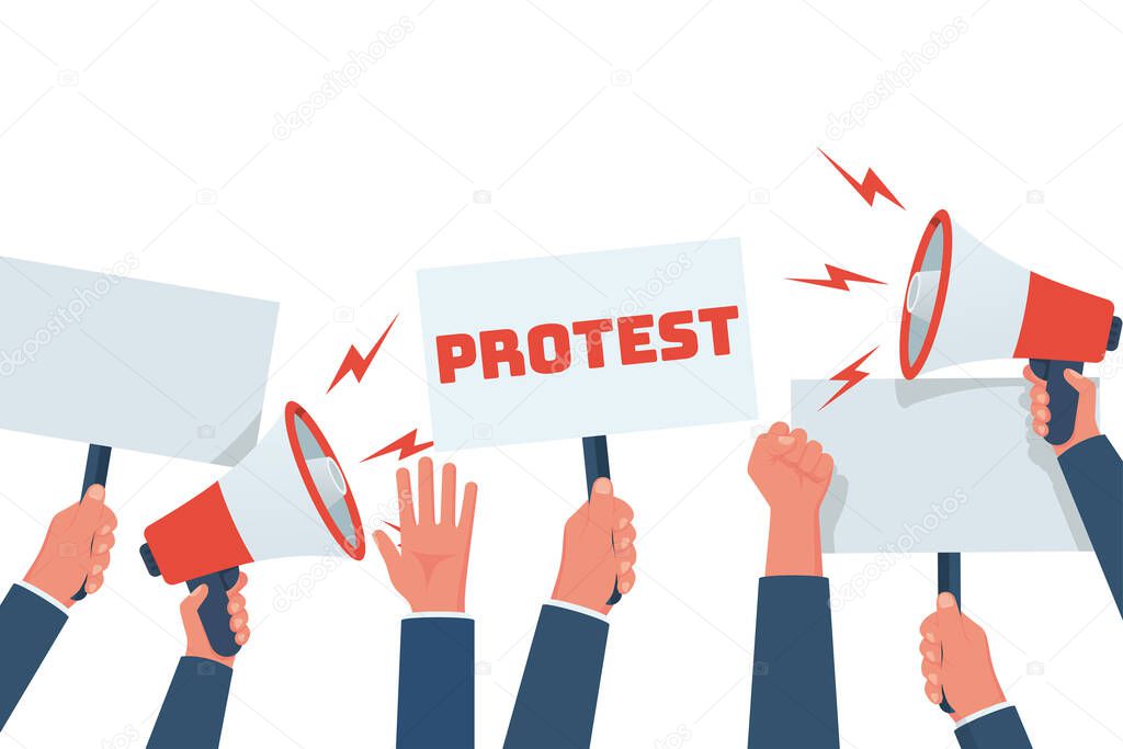 Group of people in protest. Posters and loudspeaker in hands. Fist and hands up. Color flat of people of Protestants. Concept of revolution and conflict. Crowd of people. Vector style