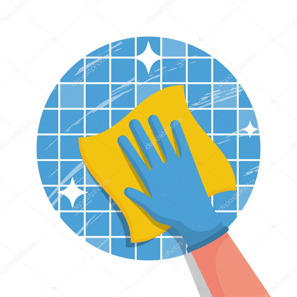 Cleaning service flat logo icon. Hand in glove with a rag. Cleanliness and shine. Hygiene and disinfection. Housekeeping concept. Work at home. Vector illustration flat design.