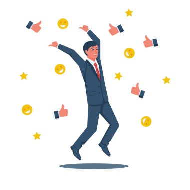 Happy businessman is surrounded by likes emoticons and stars clipart