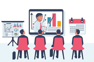 İş eğitiminde olan bir grup iş adamı. Webiner konsepti. Dizüstü bilgisayarında çizelgeleri olan bir insan. E-öğrenme ve dinleme. İnternetteki konferans. İnternette uzak mesafe dersleri. Vektör tasarımı. Çevrimiçi sunum.