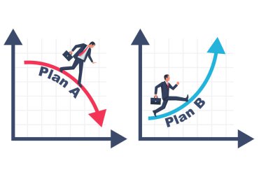 İş adamı bir aşağı bir yukarı iş grafiği çiziyor. İş metaforu. A planı ve B planı. Vektör çizimi düz tasarım. Başarı çözümü ve başarısızlık.