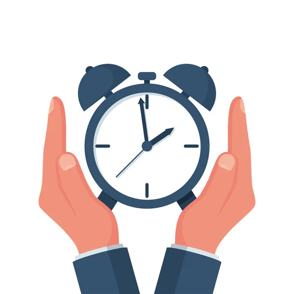 時間を守れ 時間の概念を救う ビジネスマンが腕時計 目覚まし時計を持っている ベクトルイラストフラットデザイン 時計を救え 時間を管理する 戦略立案に成功 — ストックベクタ