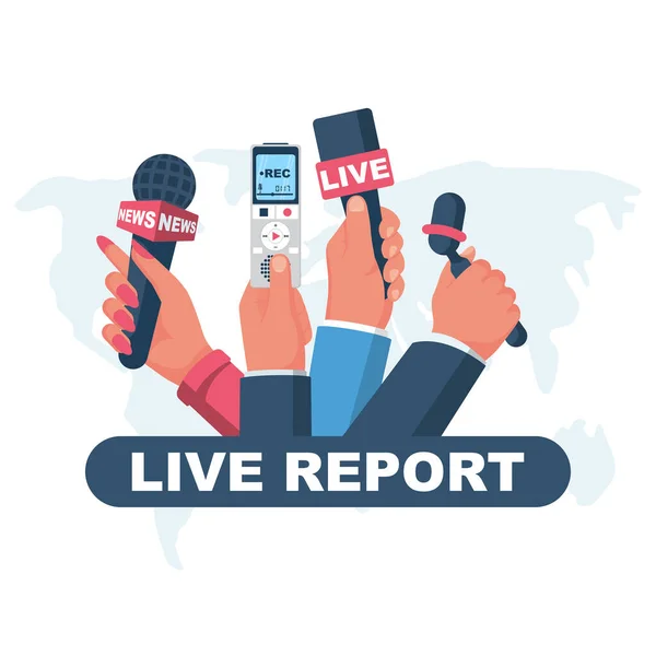 Concetto Live Report Microfoni Registratore Vocale Reporter Passa Giornalista Conferenza — Vettoriale Stock