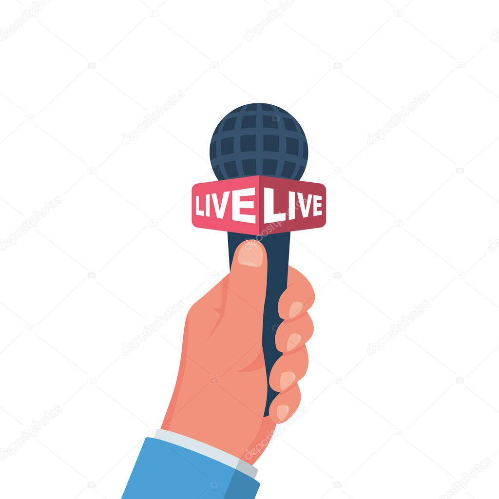 Hand holding microphone. Live news, report template. Journalism concept. Journalist, reporters interviews. Vector illustration flat design. Isolated on background. Search for information and hot news.