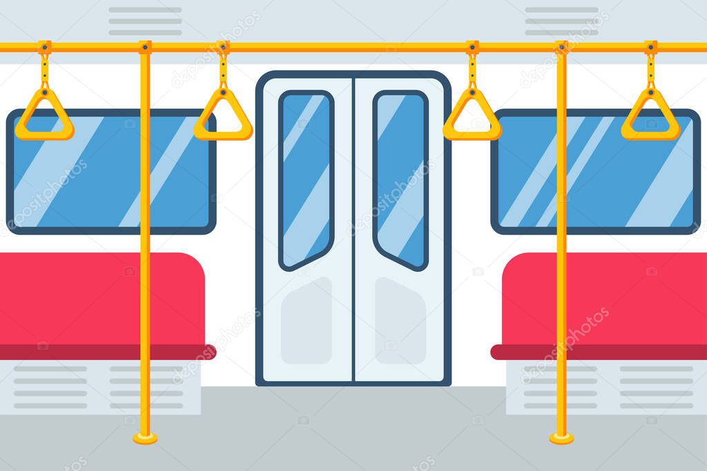 Empty subway car. City public transport. Vector illustration flat design.  Window door sidushki yellow handrails. Template for web design.