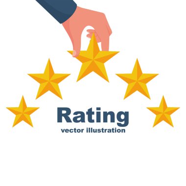 Beğeni simgesi. Yıldız vektör çizimi düz tasarım. Geri bildirim konsepti. Değerlendirme sistemi. Pozitif eleştiri. Arka planda izole edilmiş. Kaliteli iş. İnsanlar beş yıldız koyar..