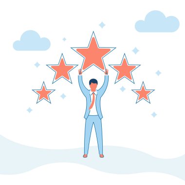 Yıldız derecelendirme vektör çizimi düz tasarım. Geri bildirim konsepti. Değerlendirme sistemi. Pozitif eleştiri. Arka planda izole edilmiş. Kaliteli iş. İşadamı beş yıldız koydu.