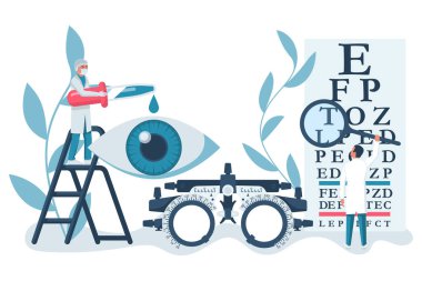 Oftalmoloji konsepti. Web afişi, göz muayenesi için şablon. Bir grup doktor gözleri tedavi eder ve muayene eder. Profesyonel doktor. Vektör çizimi düz tasarım. Beyaz arkaplanda izole.