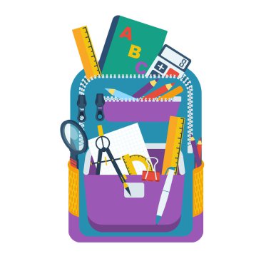 Okul çantasından bir sürü eşya. Sınıf eşyalarıyla dolu bir öğrenci çantası. Okul elemanlarıyla okula dönüyorum. Eğitimi kabul et. Vektör illüstrasyon düz tasarım.