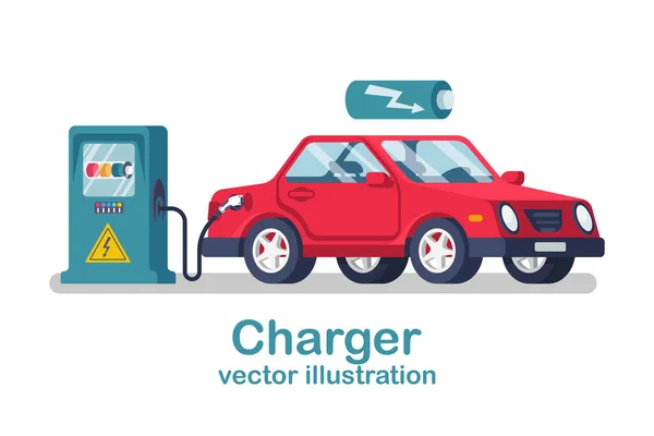 Cargador Coche Repostaje Eléctrico Ecotransporte Verde Ilustración Vectorial Diseño Plano — Archivo Imágenes Vectoriales