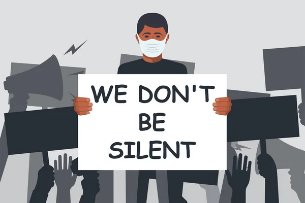 Sessiz Kalmayacağız Yüzüne Tıbbi Maske Takan Afrikalı Bir Adam Protestocu — Stok Vektör