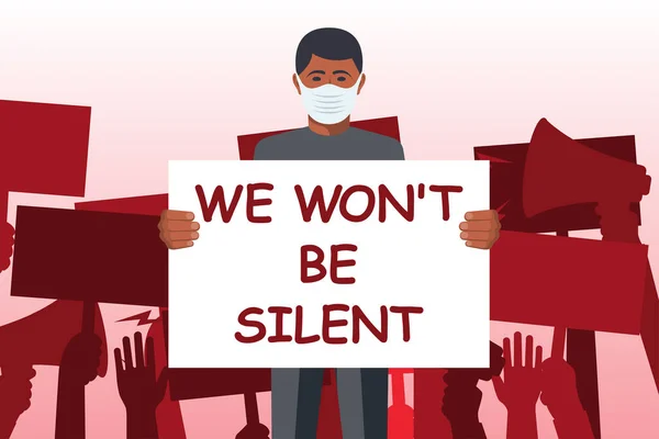 黙ってはいられない 顔に医療マスクをしたアフリカ人男性が抗議ポスターを手に持っている 抗議の人々のグループ ポスターとスピーカーが手元にあります ベクトルフラットデザイン 背景に隔離された — ストックベクタ