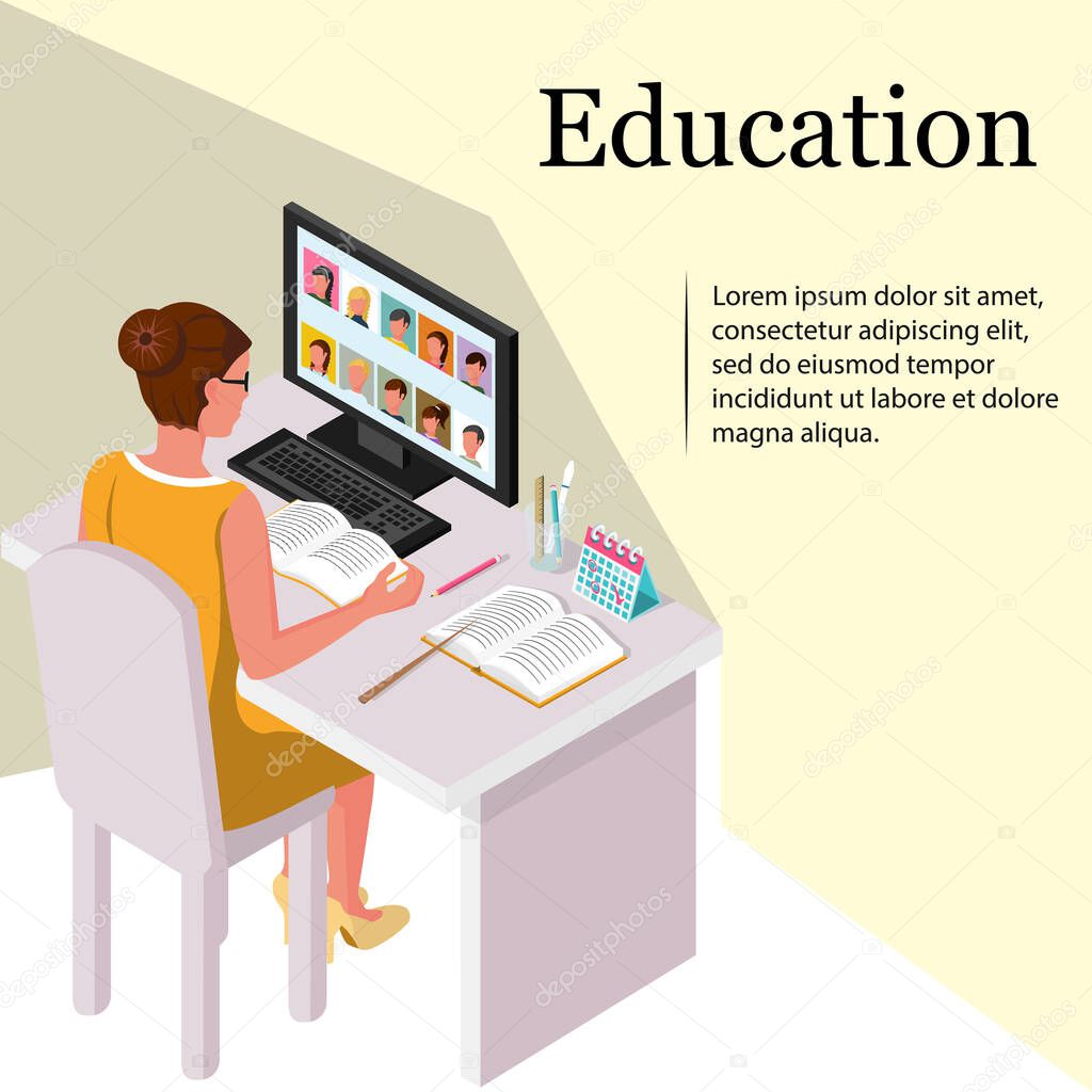 Professional teacher woman sits in front of computer screen. Online lesson. Vector isometric 3d banner. Concept video lesson. A writing desk with a laptop. Online education. E-learning landing page.
