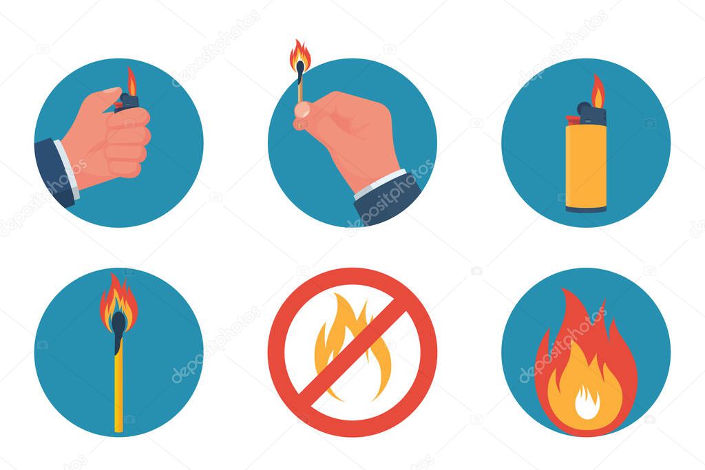 Color icon fire and objects of ignition, lighter and matches. Items in hands are isolated on white background. Vector illustration flat design. Fire hazard warning.