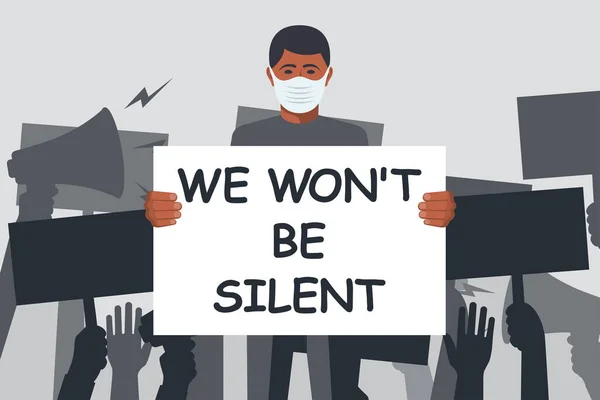 Δεν θα σιωπήσουμε. Αφρικανός που φοράει ιατρική μάσκα στο πρόσωπο — Διανυσματικό Αρχείο